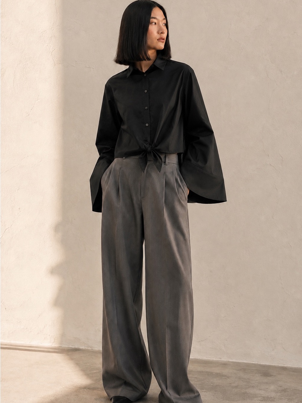 RACIL Black Tie Front Bell Sleeve Shirt EU 42 Luxury Cotton Blend Cropped Blouse